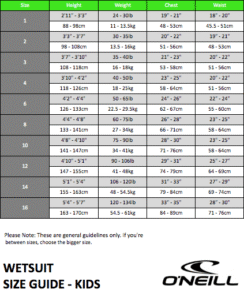 o'niell wetsuit size guide