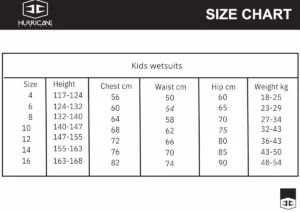 Hurricane Kids Wetsuits size Chart